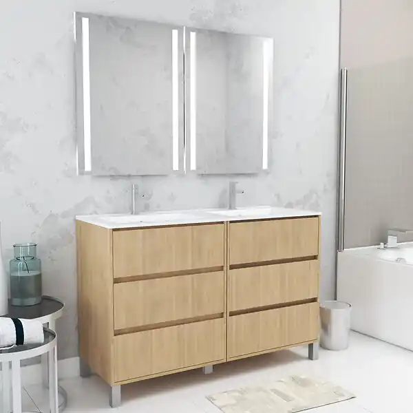 Meuble Salle de Bains 120 cm Chêne Clair 6 Tiroirs, Vasque, Miroirs 60x80 à Leds intégrées - XENOS AURLANE Soldes