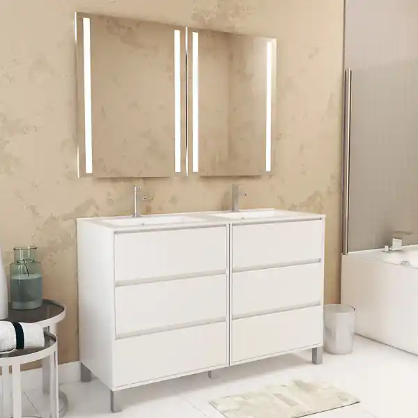 Meuble Salle de Bains 120 cm Laqué Blanc 6 Tiroirs, Vasque, Miroirs 60x80 à Leds intégrées - XENOS AURLANE Bon Plan