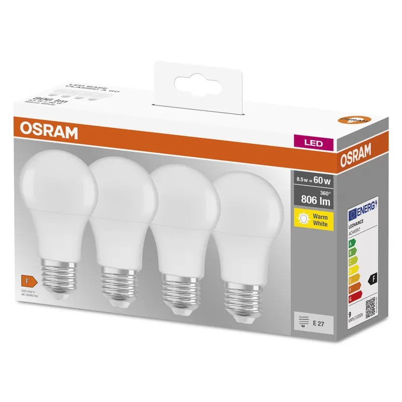 Lot de 4 ampoules LED standard E27 8,5W = 806 lumens blanc chaud - OSRAM Acheter En Ligne