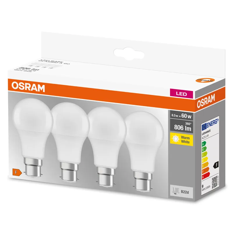 Lot de 4 ampoules LED standard B22 8,5W = 806 lumens blanc chaud - OSRAM Offre Limitée