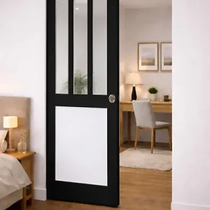 Expédié Aujourd'hui Porte Coulissante Atelier noir, panneau blanc Vitrée H204 x L73 cm, Galandage GD MENUISERIES