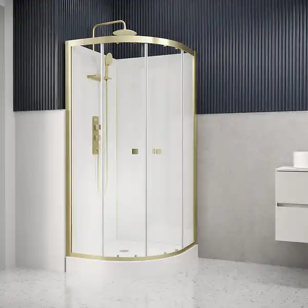 Cabine de douche 1/4 de cercle 90x90x206.5/236.5cm Blanche et Profilés Or Brossé - Receveur standard AURLANE Vente Directe