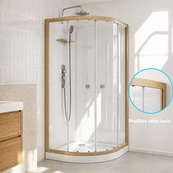 Cabine de Douche 1/4 de cercle 90x90x200/230cm Effet Bois et Fonds Blancs - Receveur Bas AURLANE Vente Flash