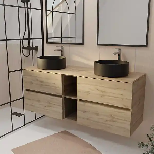 Meuble de Salle de Bains 140 TIMBER Décor Chêne 4 tiroirs et module - Vasques Noires 36cm AURLANE Petit Prix