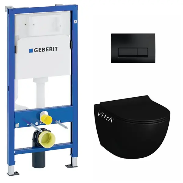 Satisfait Ou Remboursé Pack WC Bati-support Geberit Duofix + WC sans bride Vitra SENTO noir mat + Abattant frein de chute + Plaque noire mat