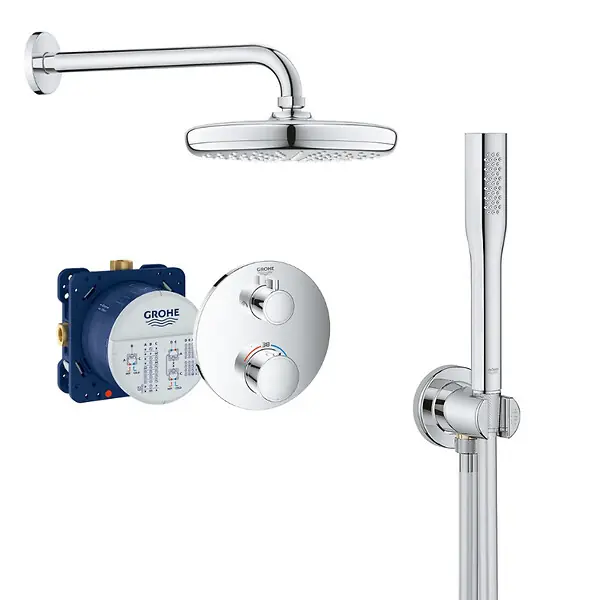 Quantité Limitée Grohe Grohtherm Set de douche encastré avec mitigeur thermostatique, douche de tête 210mm + Douchette avec support mural, Chrome
