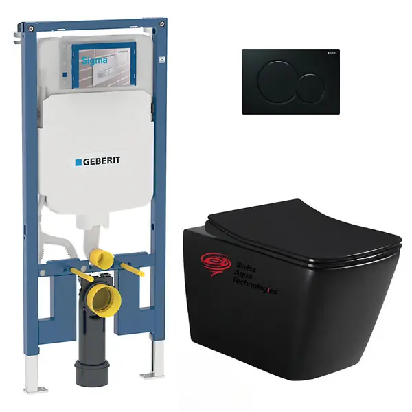 Geberit + Swiss Aqua Technologies Pack WC sans bride Infinitio Noir mat + Abattant softclose slim + Bâti support Geberit Extra-plat UP720 + Plaque Noir brillante Retour Gratuit