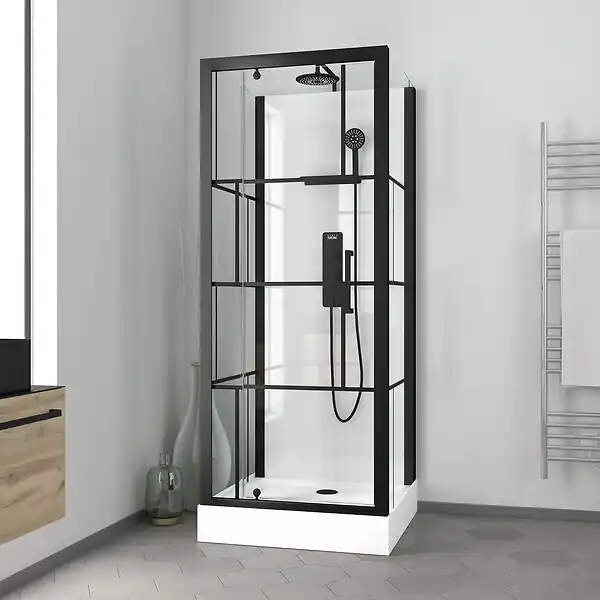 Cabine de douche Carrée 80x80x213 cm - Porte pivotante - Fond Blanc et Profilés Noir Mat - RUBIQ AURLANE Top Vente