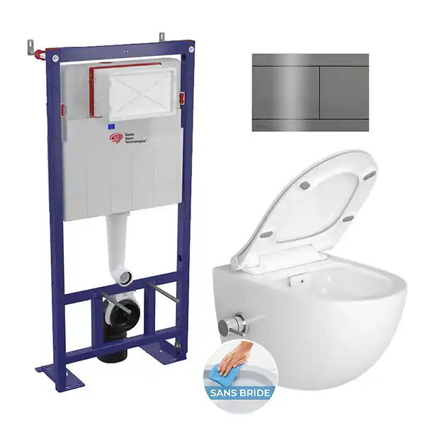Marque Swiss Aqua Technologies Pack WC bâti-autoportant + WC sans bride Infinitio avec bidet thermostatique + plaque en acier inoxydable, en PVD, Gun Metal