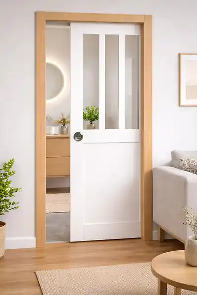 Bon Plan Porte Coulissante Atelier Blanc H204 x L73 cm, Galandage, kit finition (coquille et tire doigt) GD MENUISERIES
