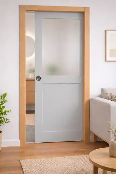 Porte Coulissante Athena Gris Clair Vitrée H204 x L73 cm, Galandage, kit finition (coquille et tire doigt) GD MENUISERIES Haute Qualité