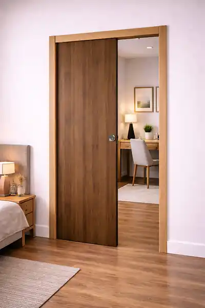 Porte Coulissante Décor Noyer Light Walnut H204 x L93 cm, Galandage, kit finition (coquille et tire doigt) GD MENUISERIES Satisfait Ou Remboursé