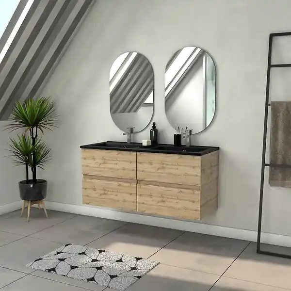 Solde Meuble Salle de Bains 120cm 4 Tiroirs Chêne Naturel + Vasque Noire et Miroirs Ovales AURLANE
