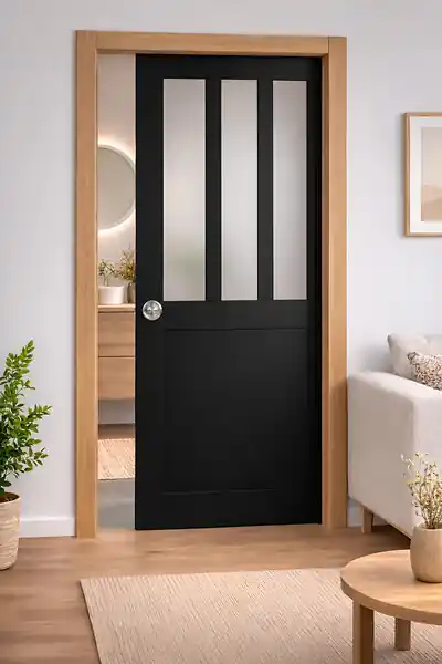 Porte Coulissante Atelier Noir vitre depoli H204 x L73 cm, Galandage, kit finition GD MENUISERIES Produit De Marque