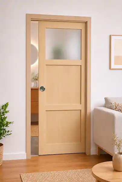 Marque Porte Coulissante Ayous 2 Panneaux, 1 Vitrage H204 x L73 cm, Galandage, kit finition (coquille et tire doigt) GD MENUISERIES