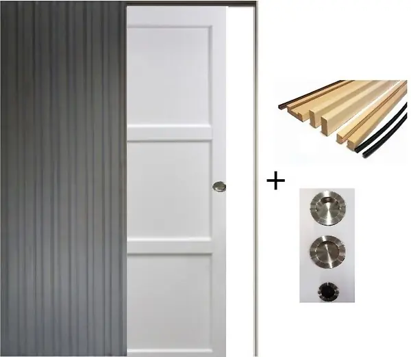 Porte Coulissante Korya Blanc 3 panneaux H204 x L83 cm, Galandage, kit finition (coquille et tire doigt) GD MENUISERIES Promotion