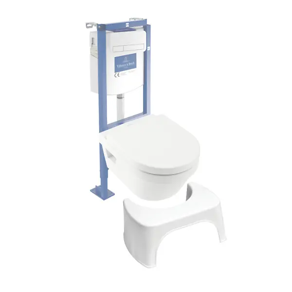 Pack WC suspendu sans bride Architectura Directflush + abattant + plaque blanche + bâti + Tabouret blanc VILLEROY ET BOCH Prix Promo