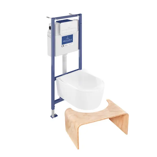 Pack WC sans bride Avento + Bâti support + abattant frein de chute + plaque blanche + Tabouret bois VILLEROY ET BOCH Prix Bas