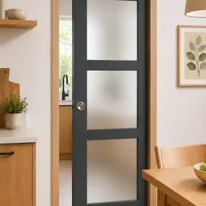 Porte Coulissante Blakeria Gris Anthr Vitrée H204 x L73 cm, Galandage, kit finition (coquille et tire doigt) GD MENUISERIES Prix Réduit