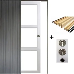 Prix Bas Porte Coulissante Kenya blanc Vitrage transparent H204 x L73 cm, Galandage, kit finition (coquille et tire doigt) GD MENUISERIES