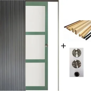 Bon Marché Porte Coulissante Vert Sauge RAL 6021 Vitrée H204 x L73 cm, Galandage, kit finition (coquille et tire doigt) GD MENUISERIES