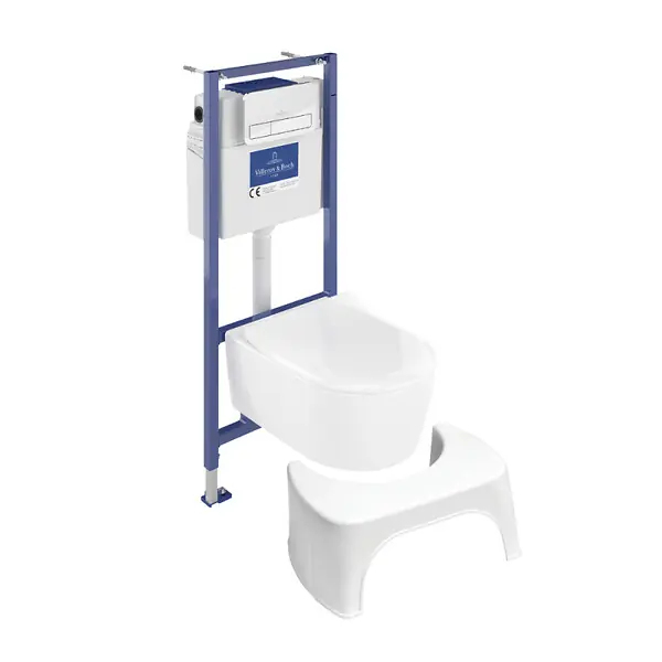 Offre Limitée Pack WC sans bride Avento + Bâti support + abattant frein de chute + plaque chromée + Tabouret blanc VILLEROY ET BOCH