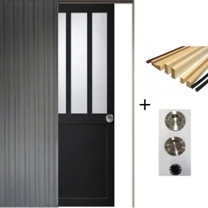 Porte Coulissante Atelier Noir vitre depoli H204 x L83 cm, Galandage, kit finition (coquille et tire doigt) GD MENUISERIES Soldes