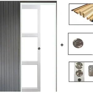 Livraison Express Porte Coulissante Kenya Blanc Vitrage transparent H204 x L73 cm, Galandage, kit finition GD MENUISERIES