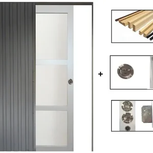 Réduction Porte Coulissante Greyria Gris Clair Vitrée H204 x L73 cm, Galandage, kit de finition GD MENUISERIES