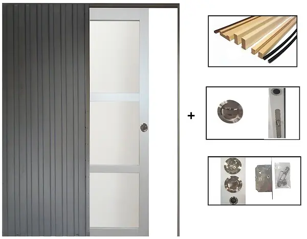 Réduction Porte Coulissante Greyria Gris Clair Vitrée H204 x L73 cm, Galandage, kit de finition GD MENUISERIES