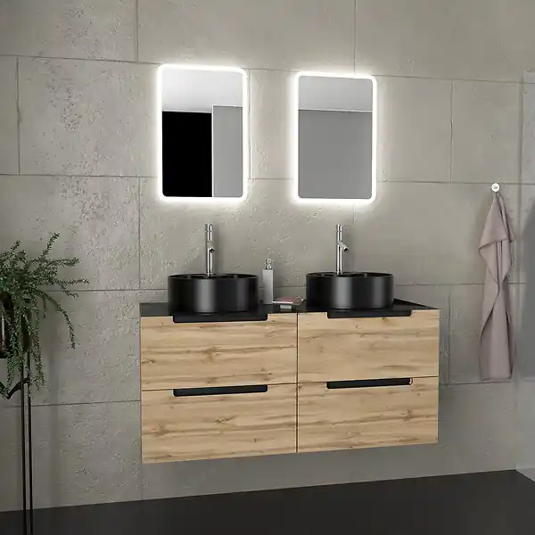 Meuble salle de bains 120cm Chene et noir, Vasques rondes Diam 41cm et Miroirs Led 40x60 - OMEGA AURLANE Top Vente