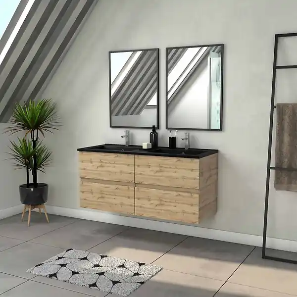 Meuble Salle de Bains 120cm 4 Tiroirs Chêne Naturel + Vasque Noire et Miroirs rectangulaires AURLANE Prix Bas