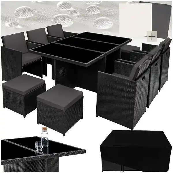 Soldes Salon de jardin 10 places encastrable noir en résine tressée housses protection TECTAKE