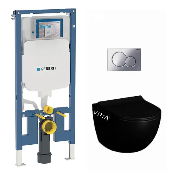 Offre Du Jour Pack WC Bati-support Geberit extra-plat UP720 + WC Vitra Sento sans bride noir mat + Fixations cachees + Abattant softclose + Pl