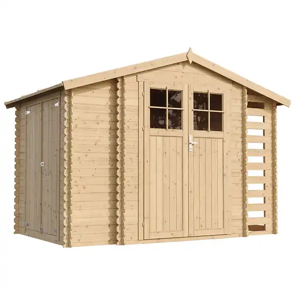Abri de jardin en bois et range bûches extérieur AVEC SOL TRAITÉ - extérieur I206xL328xH218 cm/ 3,53 + 0,97+0,97 m2 - TIMBELA M389F+M389G Commander Maintenant
