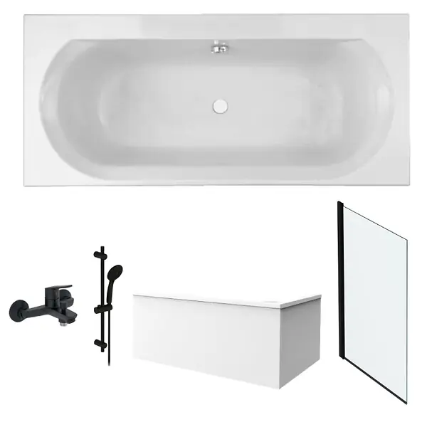 Pack baignoire droite 170 x 75 Elise + tablier angle + pommeau et mitigeur bain noir Aimé + pare bain noir + vidage JACOB DELAFON Dernière Chance