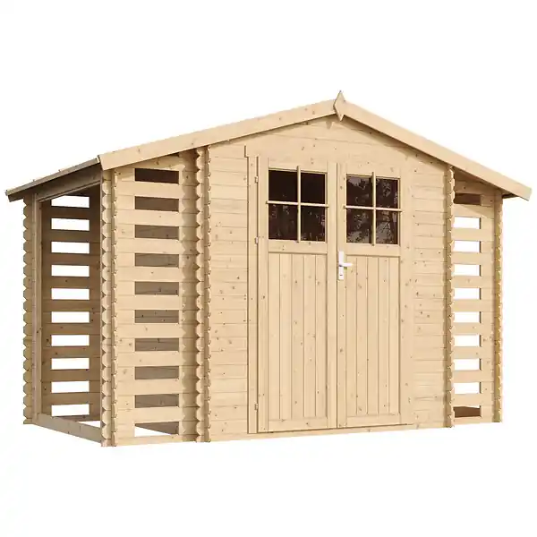 Satisfait Ou Remboursé Abri de jardin en bois et range bûches extérieur AVEC SOL TRAITÉ - extérieur I206xL328xH218 cm/ 3,53 + 0,97+0,97 m2 - TIMBELA M391F+M391G