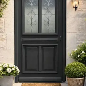 Porte d‘entrée Bois Vitrée Mathilde Gris Anthr, H215 x L90 cm Côte Tableau p. Gauche, (Poignee, Barillet ref 010403RFP) GD MENUISERIES Super Prix
