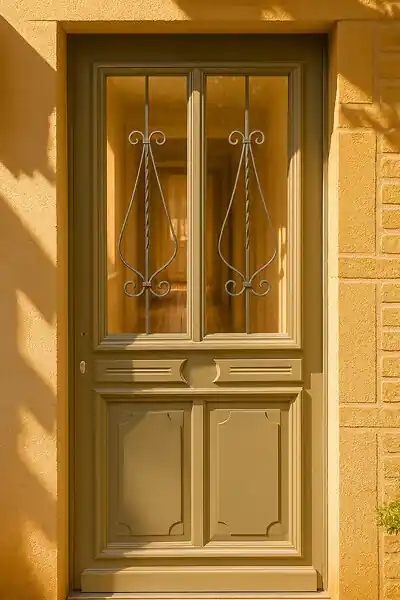 Offre Exclusive Porte d‘entrée Bois Vitrée Baptiste Vert Gris Olive, H200 x L90 cm Côte Tableau p.Droit, (Poignee, Barillet ref IN158RPL2 - IN303NEW) GD MENUISERIES