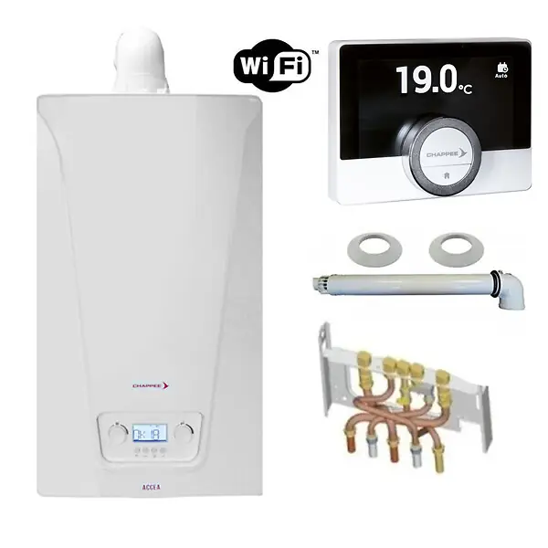 Chaudière Gaz Murale Condensation Accea Chappée 25 kW Complète (Ventouse + Douilles + Dosseret) avec Thermostat Connecté CHAPPEE Prix Bas