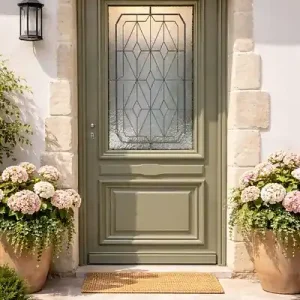 Prix Réduit Porte d‘entrée Bois Vitrée Canelle Vert Gris Olive, H215 x L90 cm Côte Tableau, p,Droit GD MENUISERIES