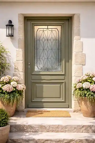 Prix Réduit Porte d‘entrée Bois Vitrée Canelle Vert Gris Olive, H215 x L90 cm Côte Tableau, p,Droit GD MENUISERIES
