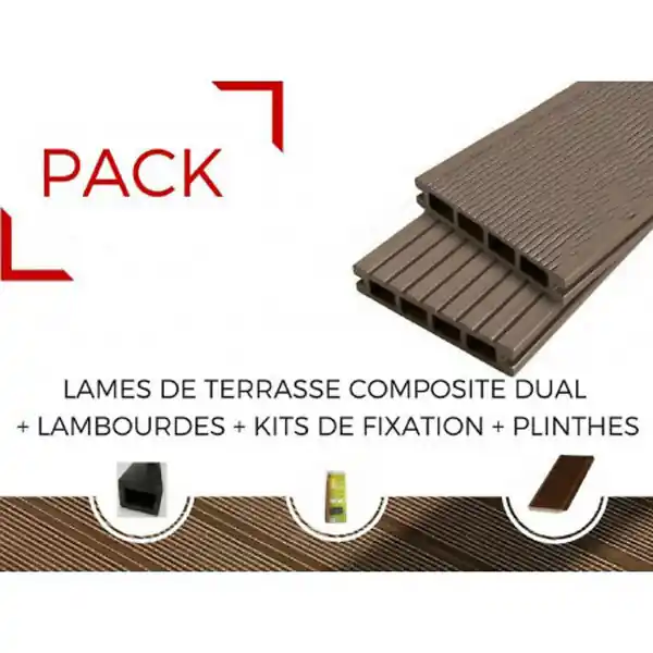 Petit Prix PACK 15m² lame de terrasse composite Dual + ACCESSOIRES 2400mm Brun rouge, ep.25mm, l.14 cm, L.240 cm MCCOVER