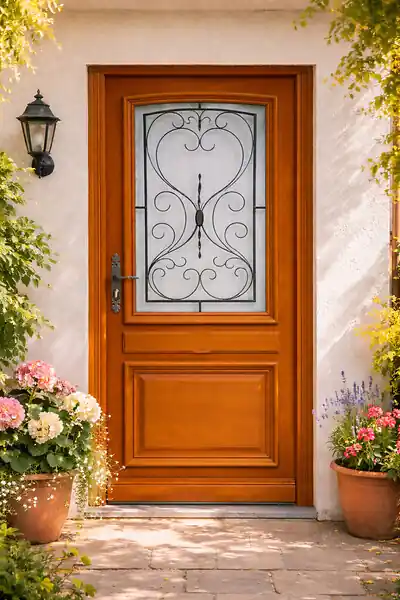 Haute Qualité Porte d‘entrée Bois vitrée, Curcuma, H215 x L90 cm Côte Tableau p.Droit (Poignee, Barillet ref 010403RFP) GD MENUISERIES