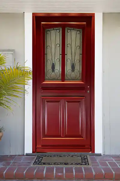 Offre Limitée Porte d‘entrée Bois Vitrée Martine Rouge pourpre, H215 x L90 cm Côte Tableau p. Gauche, (Poignee, Barillet ref IN158RPL2 - IN303NEW) GD MENUISERIES