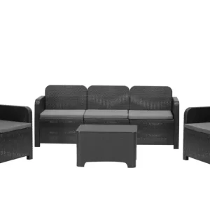 Vente Flash Salon de jardin VESUVIO aluminium noir résine 5 places avec coffre et coussins - GRANDSOLEIL