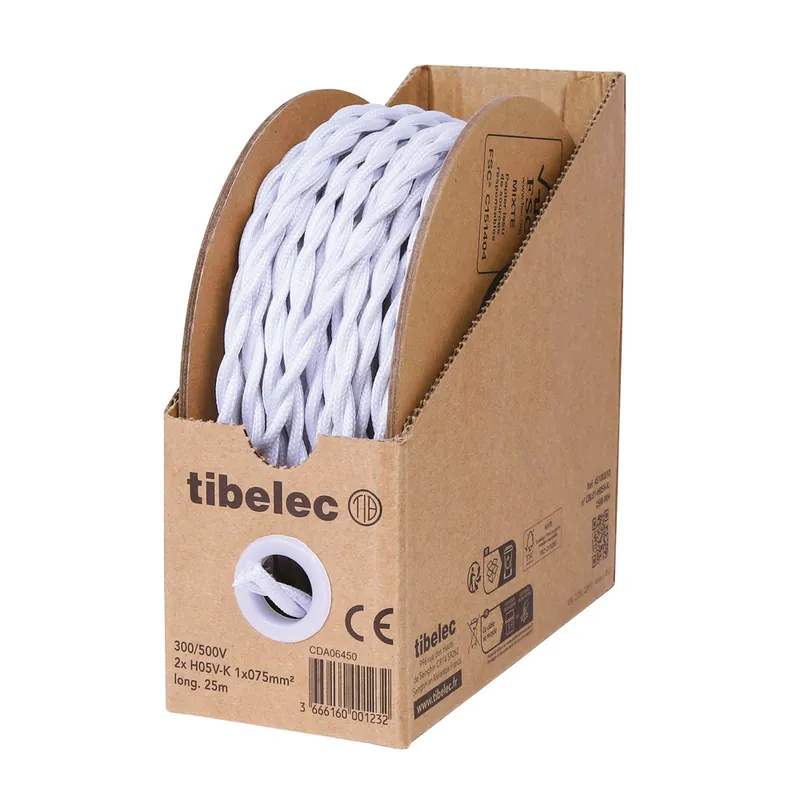 Acheter Direct Câble électrique déco blanc torsadé 2X0,75 mm² 25 mètres TIBELEC