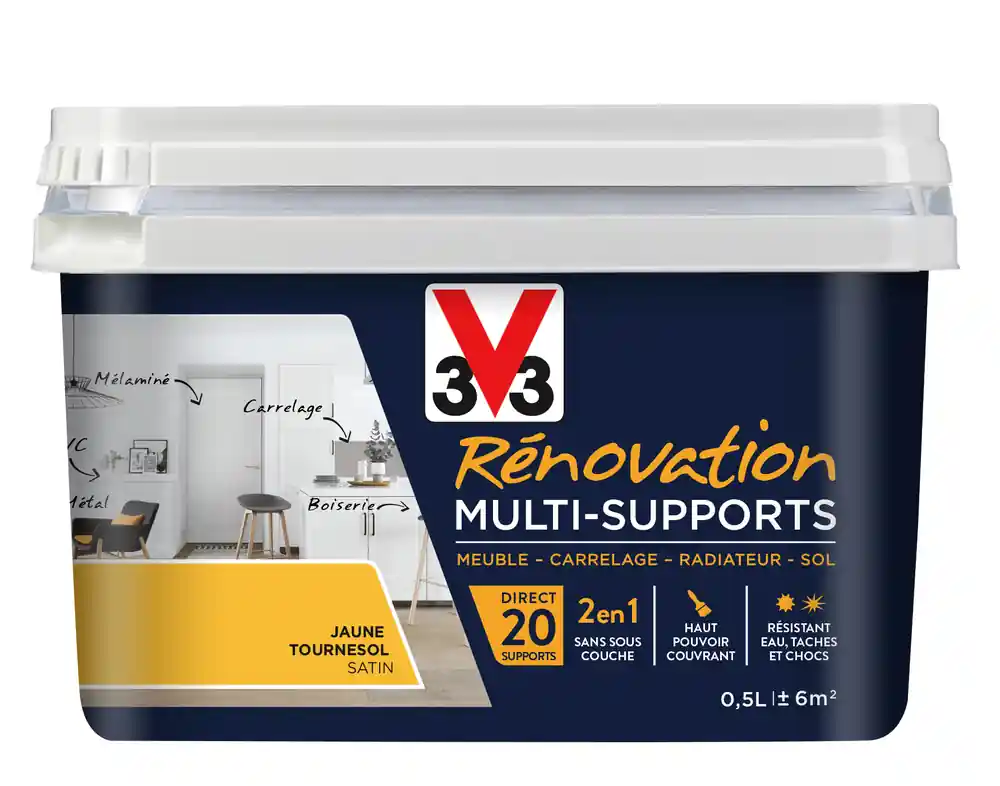 Peinture de rénovation multisupports finition satinée jaune tournesol 500 ml V33 Prix Choc