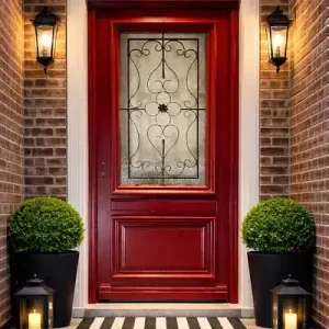 Porte d‘entrée Bois Vitrée Canada Rouge pourpre, H215 x L90 cm Côte Tableau p.Droit, (Poignee, Barillet ref IN158RPL2 - IN303NEW) GD MENUISERIES Dernier Modèle