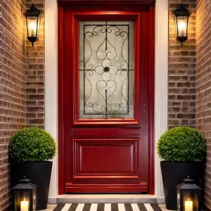 Porte d‘entrée Bois Vitrée Canada Rouge pourpre, H215 x L90 cm Côte Tableau p.Gauche, (Poignee, Barillet ref IN158RPL2 - IN303NEW) GD MENUISERIES Haute Qualité